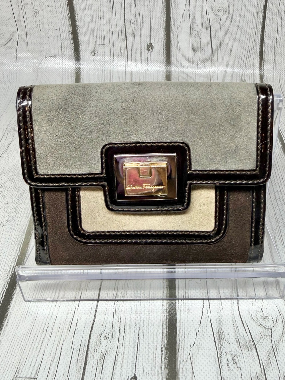 PRE LOVED Salvatore Ferragamo Tri Color Suede Wallet w/ Leather & Patent Leather